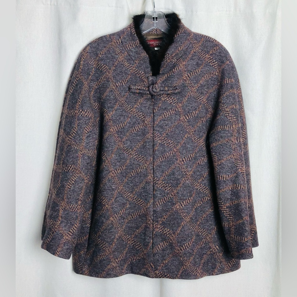 Women Wool Blend Swing Coat Cape Faux Fur Collar 1 Toggle Closure XL Asian Style